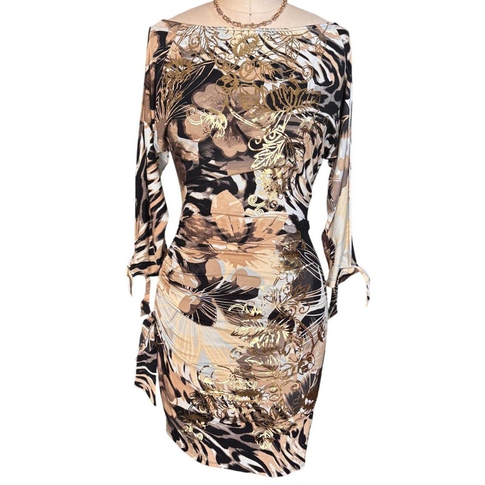 Cache Animal Floral Ruched Gold Foil Sky Dress Small Brown Gold